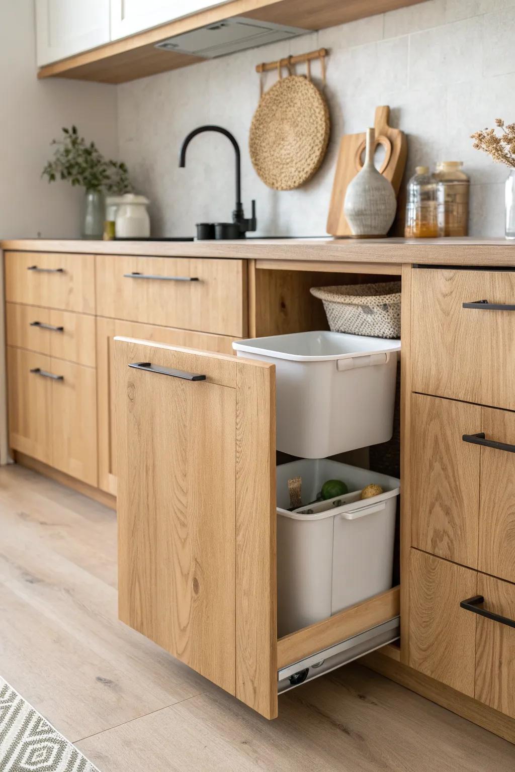 Elevate your kitchen with hidden pull-out drawers for a seamless and stylish recycling solution.