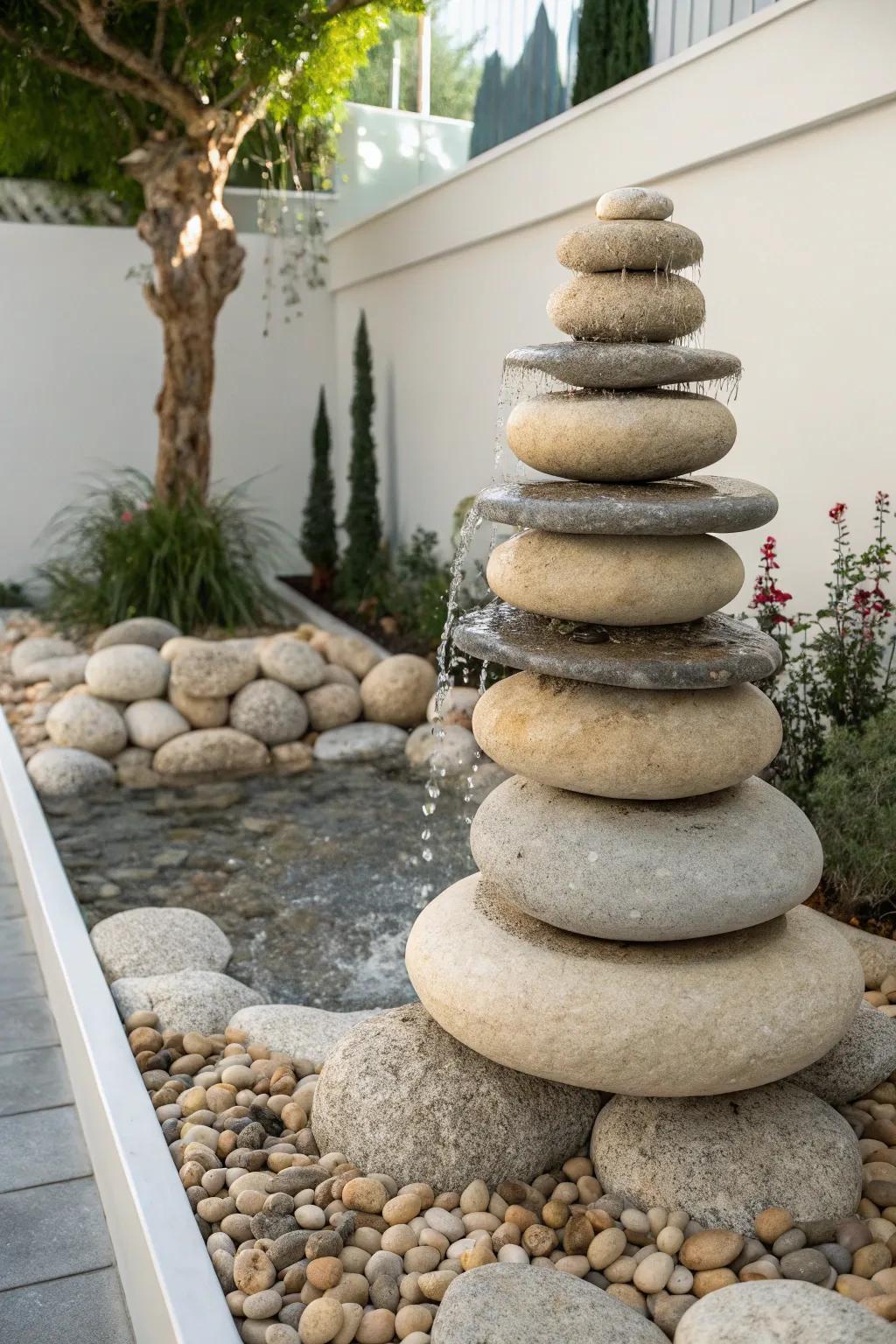 Create tranquility in your garden with this elegant cascading pebble fountain, where simplicity meets natural beauty.