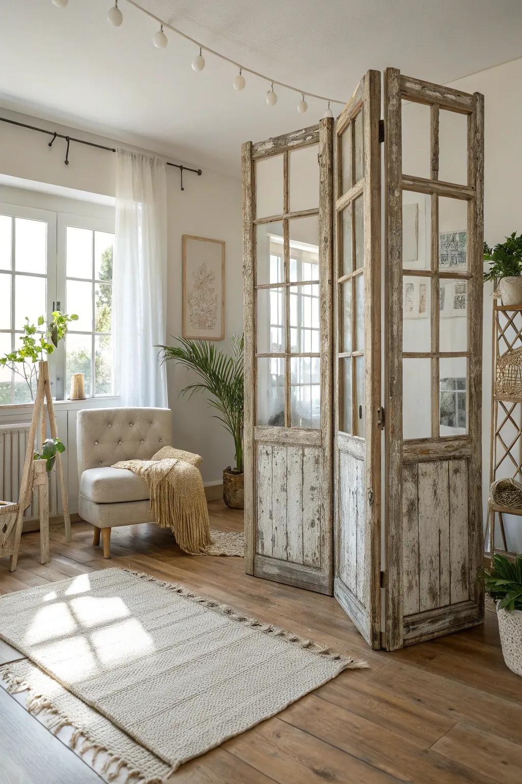 Transform your space with the vintage charm of reclaimed window frames.