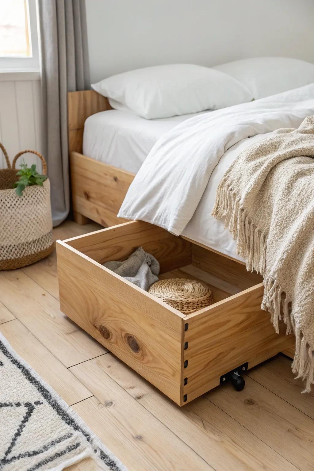 Discover the elegance of hidden treasures with under-bed rolling storage—where minimalist design meets practical playtime solutions.