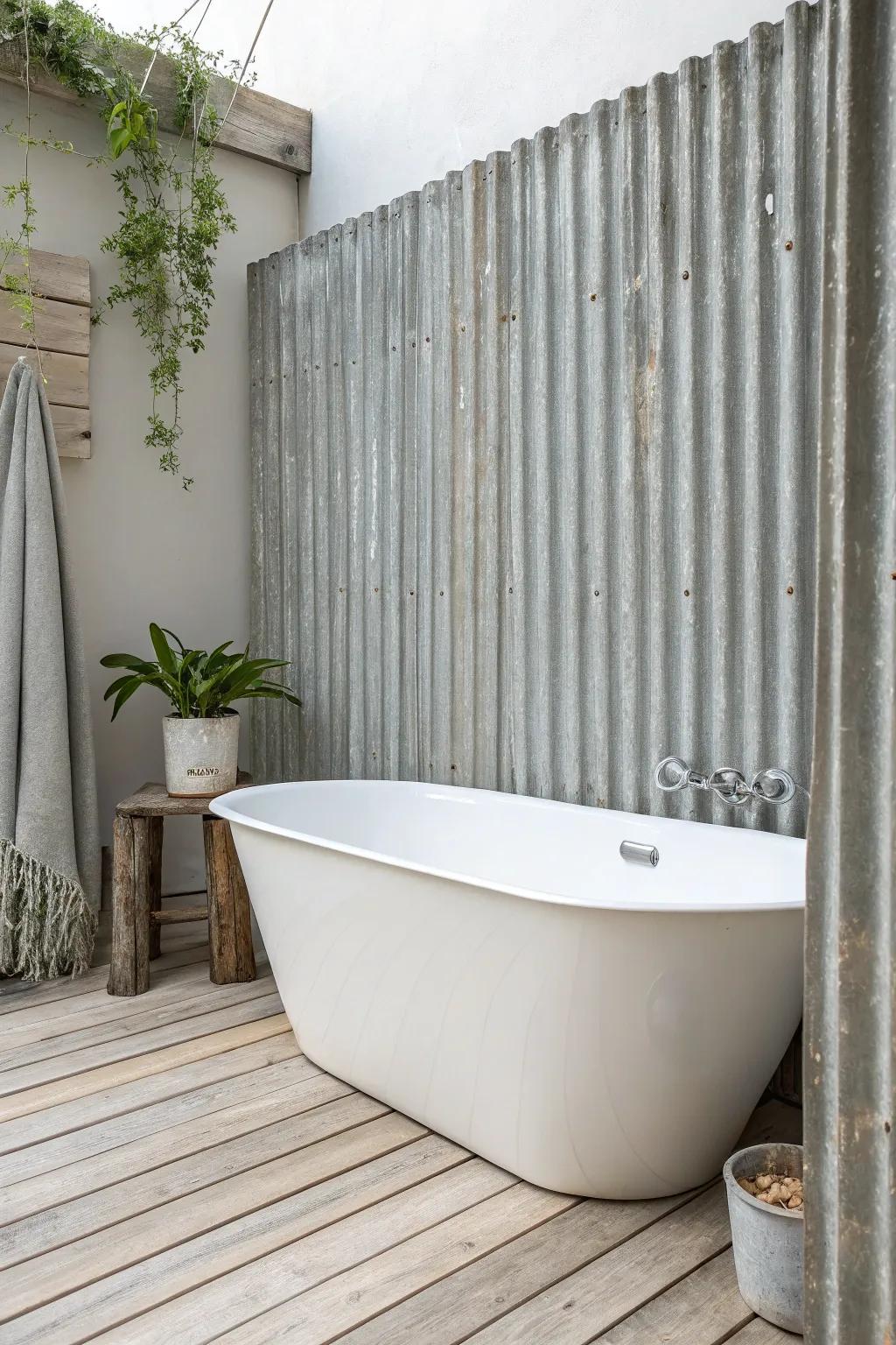 Add a touch of industrial chic to your bathroom with a corrugated metal tub surround for a stylish and durable upgrade.