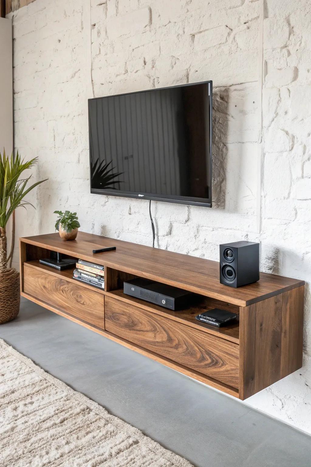 Elevate your space with a handcrafted floating TV stand that blends modern design with artisanal craftsmanship.