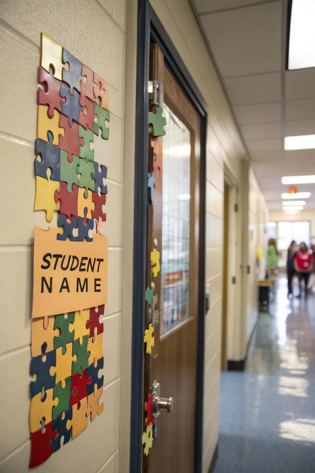 A classroom door using puzzle pieces to represent unity and belonging in the classroom.