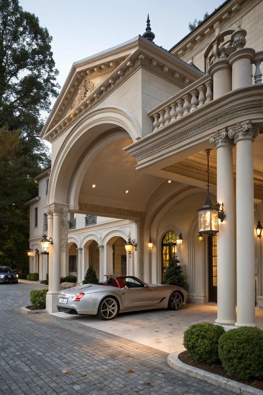A carport that serves as a grand entryway and functional parking space.