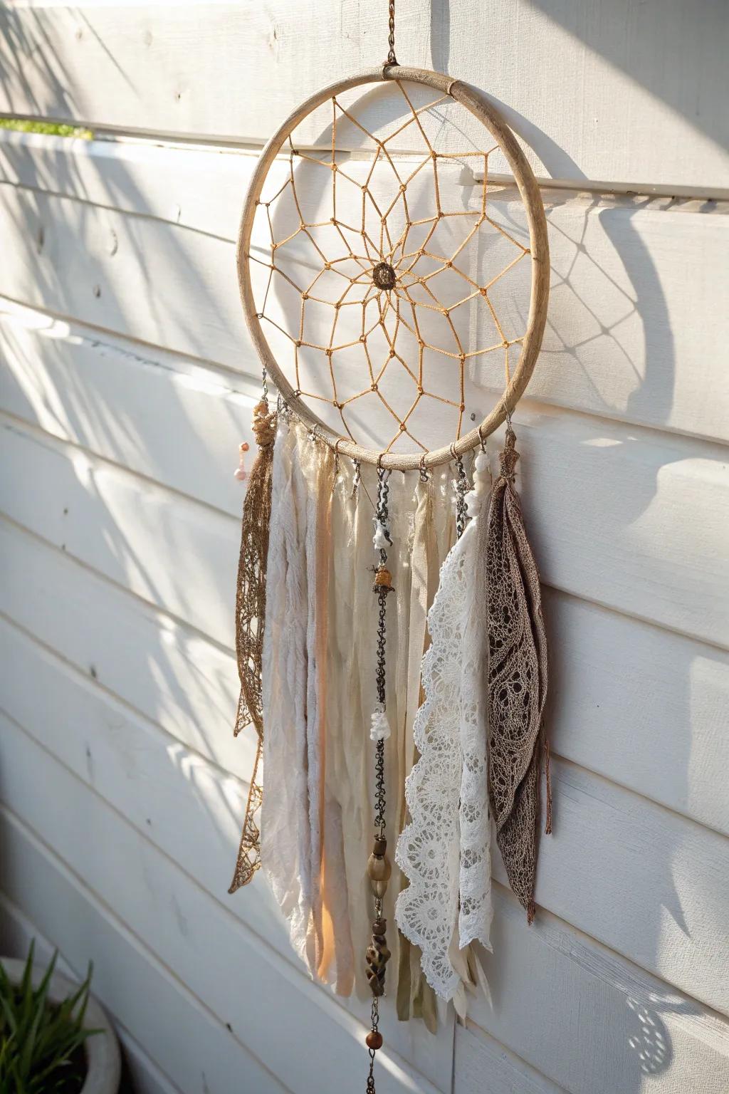 Discover the art of upcycling with this elegant dream catcher, where every piece tells its own story.