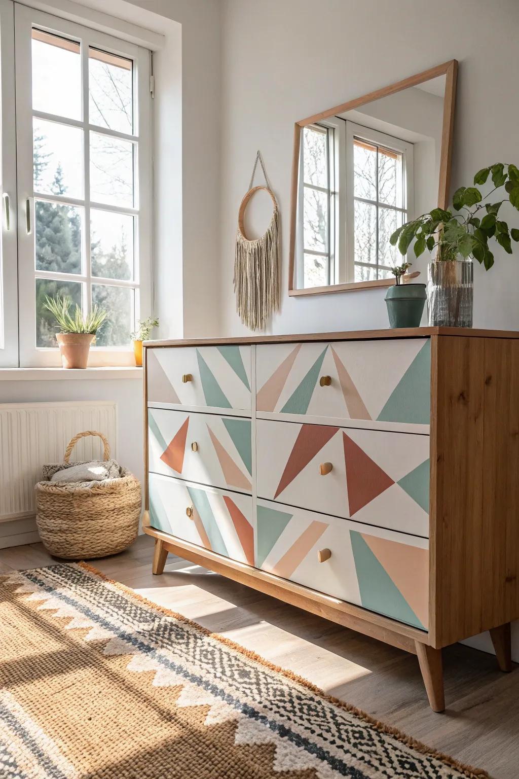 Transform your dresser into a modern masterpiece with geometric patterns that blend Scandinavian simplicity and boho charm.