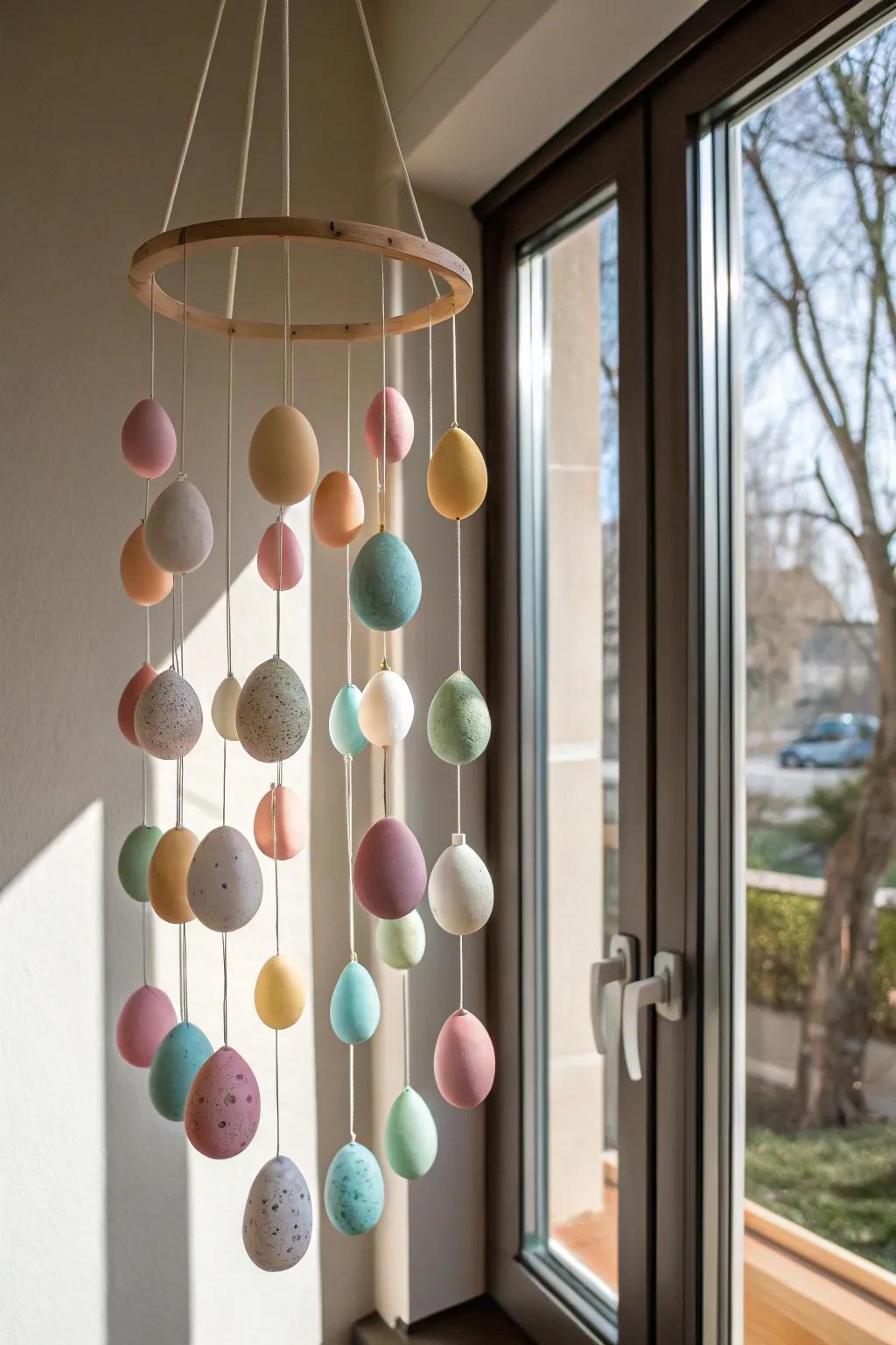 A suspended egg mobile adds movement and color.