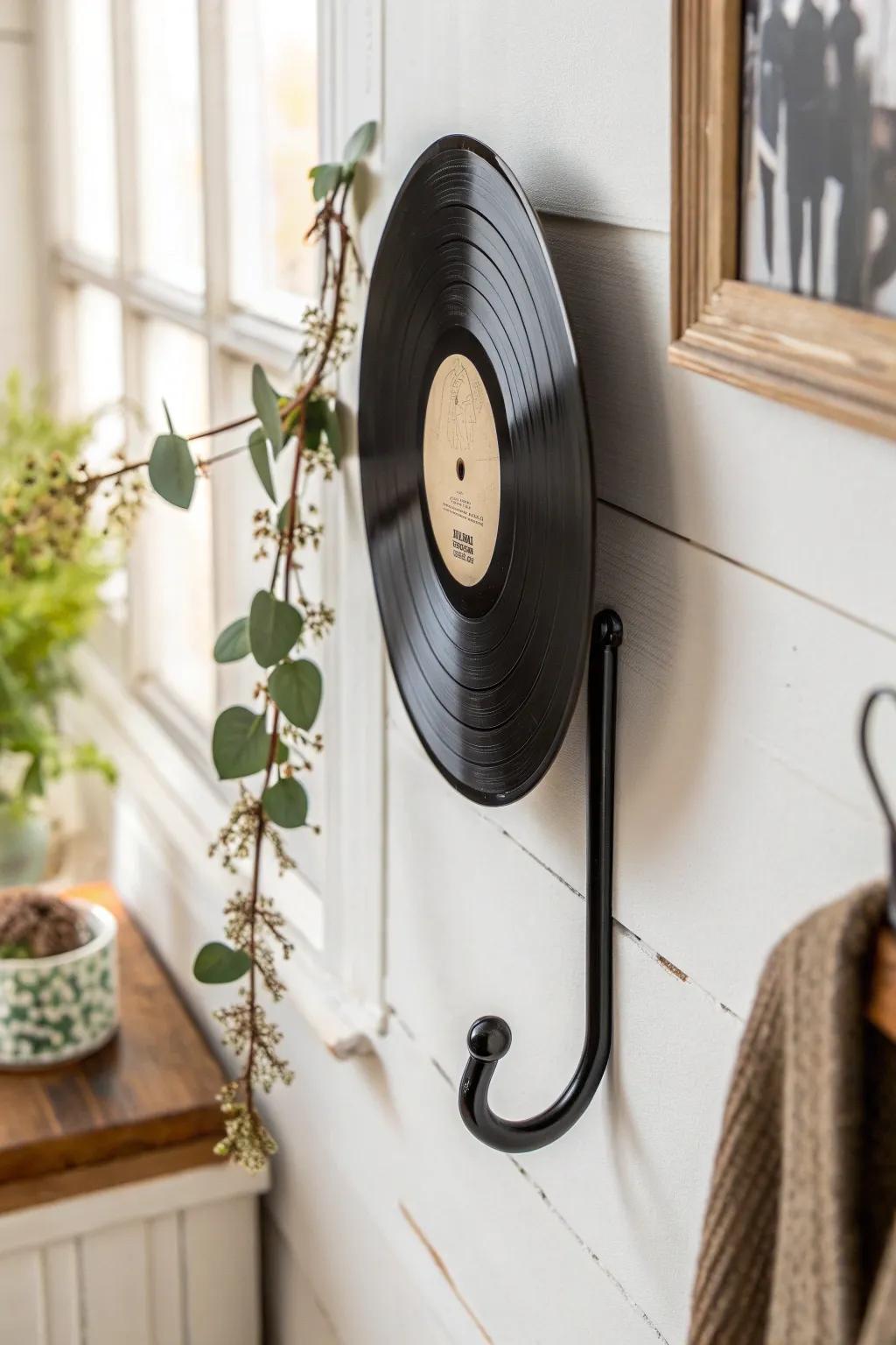 Transform vintage vinyl into chic wall hooks for a stylish and functional entryway upgrade.