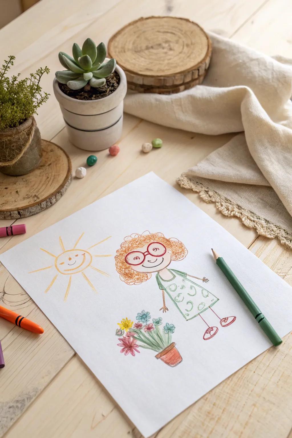 Celebrate the joy of creativity with a heartfelt, child-like drawing of mom. Embrace the beauty in simplicity.