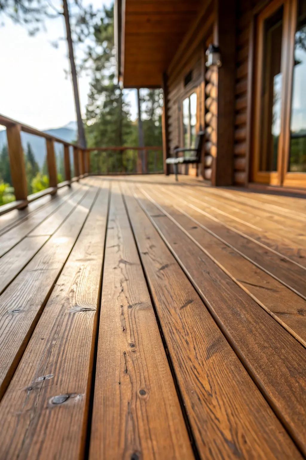 Transform your patio into a cozy cabin escape with rustic wood decking.