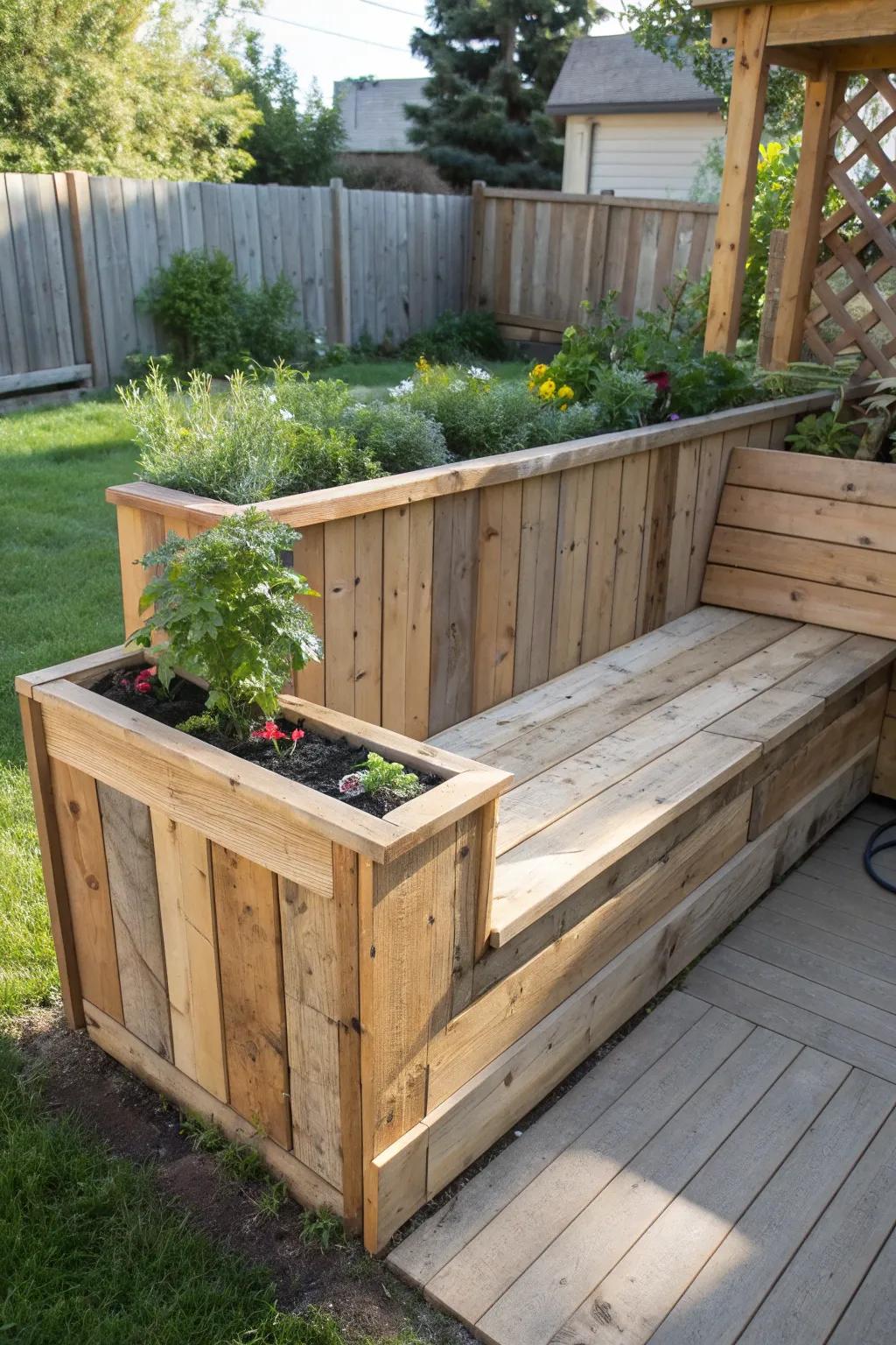 Relax and enjoy the fruits of your labor with this elegant raised garden bed featuring a built-in bench.
