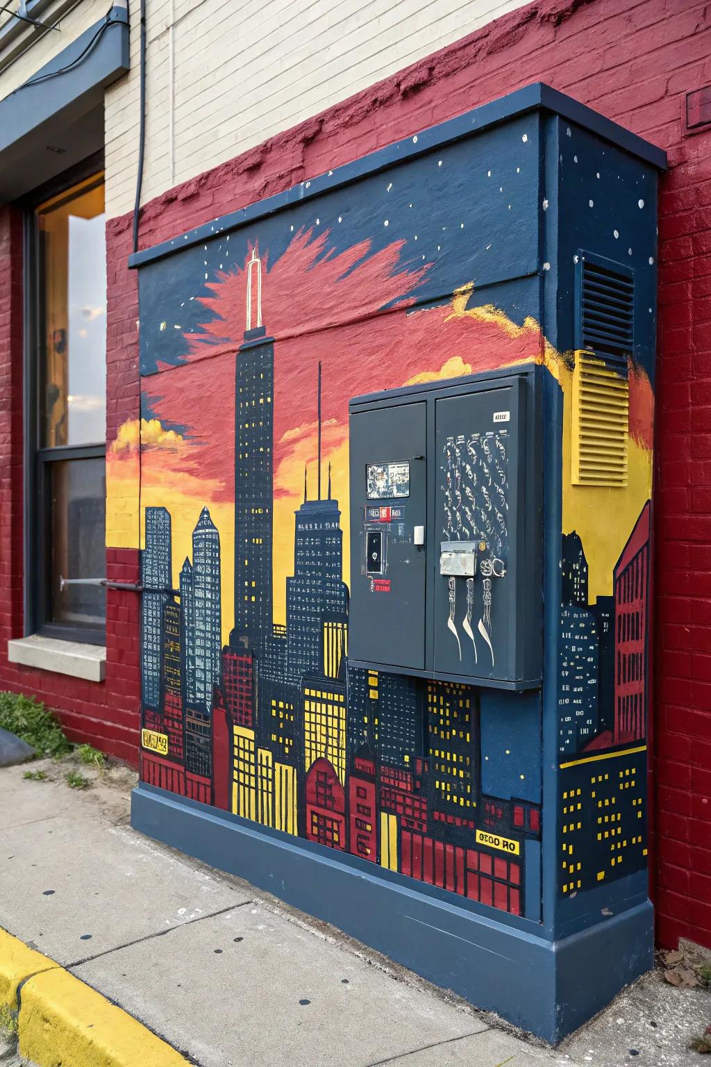 Transform your space with a cityscape mural that turns an electrical panel into a masterpiece of craftsmanship.