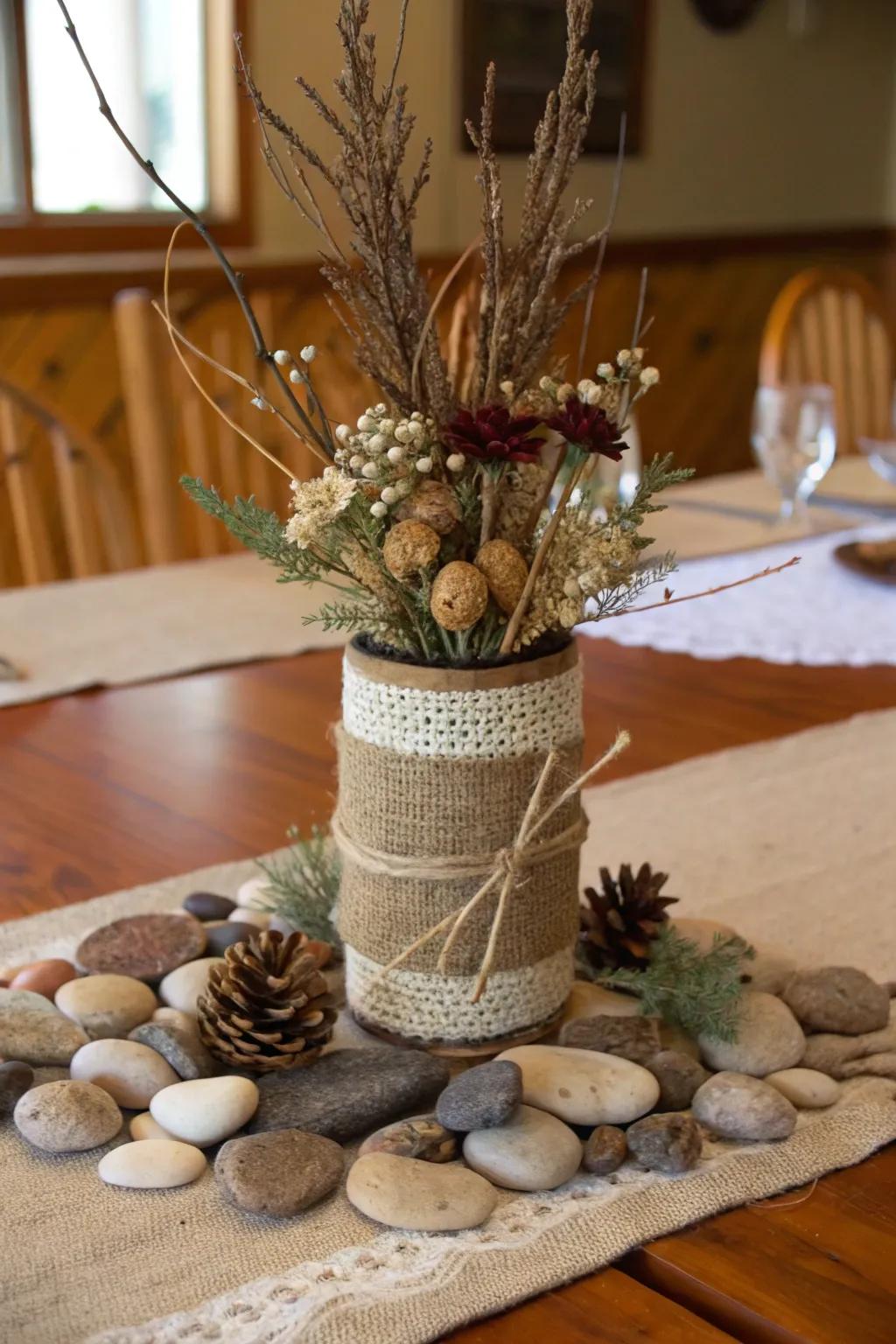 Burlap adds rustic charm to your Christmas centerpiece.