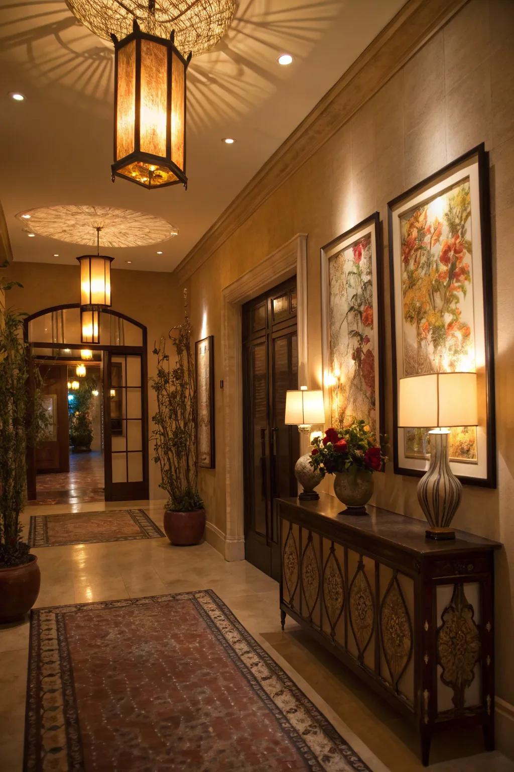 Artful lighting enhances the ambiance of the entryway.