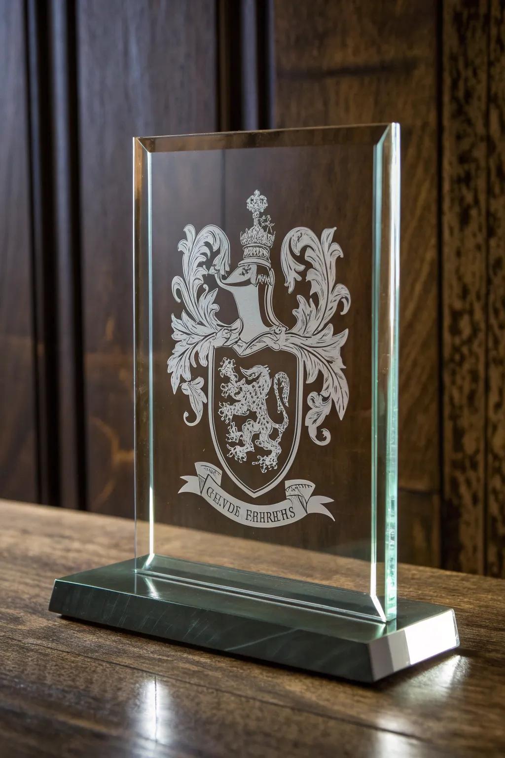Honor your legacy with a beautifully etched family crest on glass.