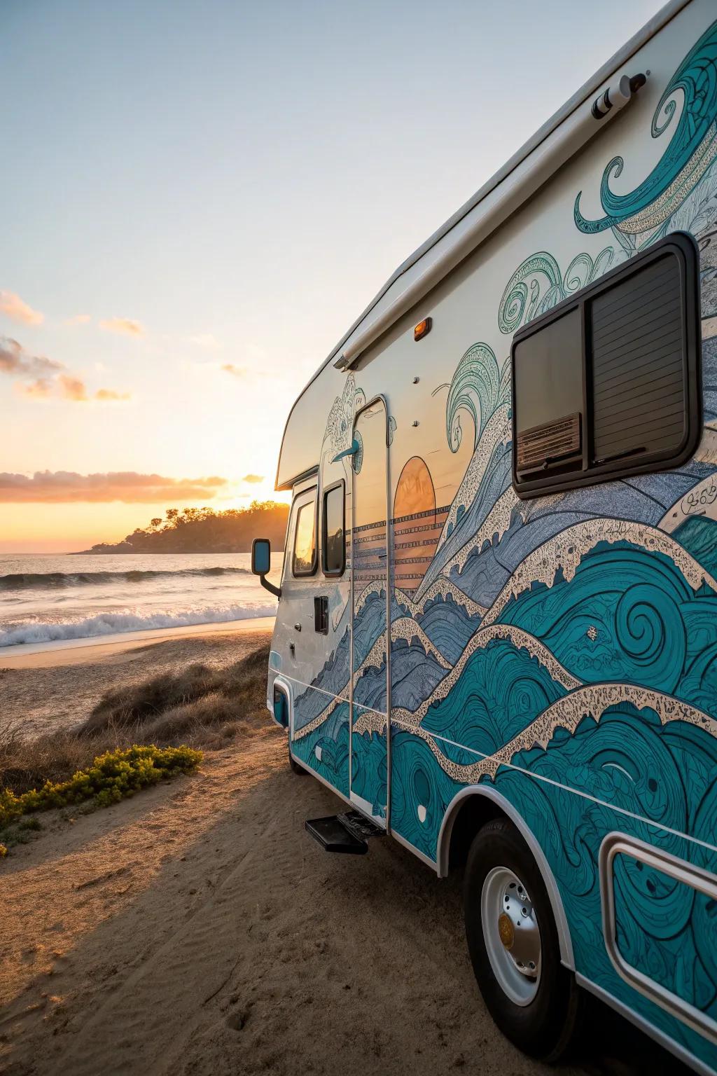 Ride the waves of adventure with this stunning ocean-themed camper van paint job.