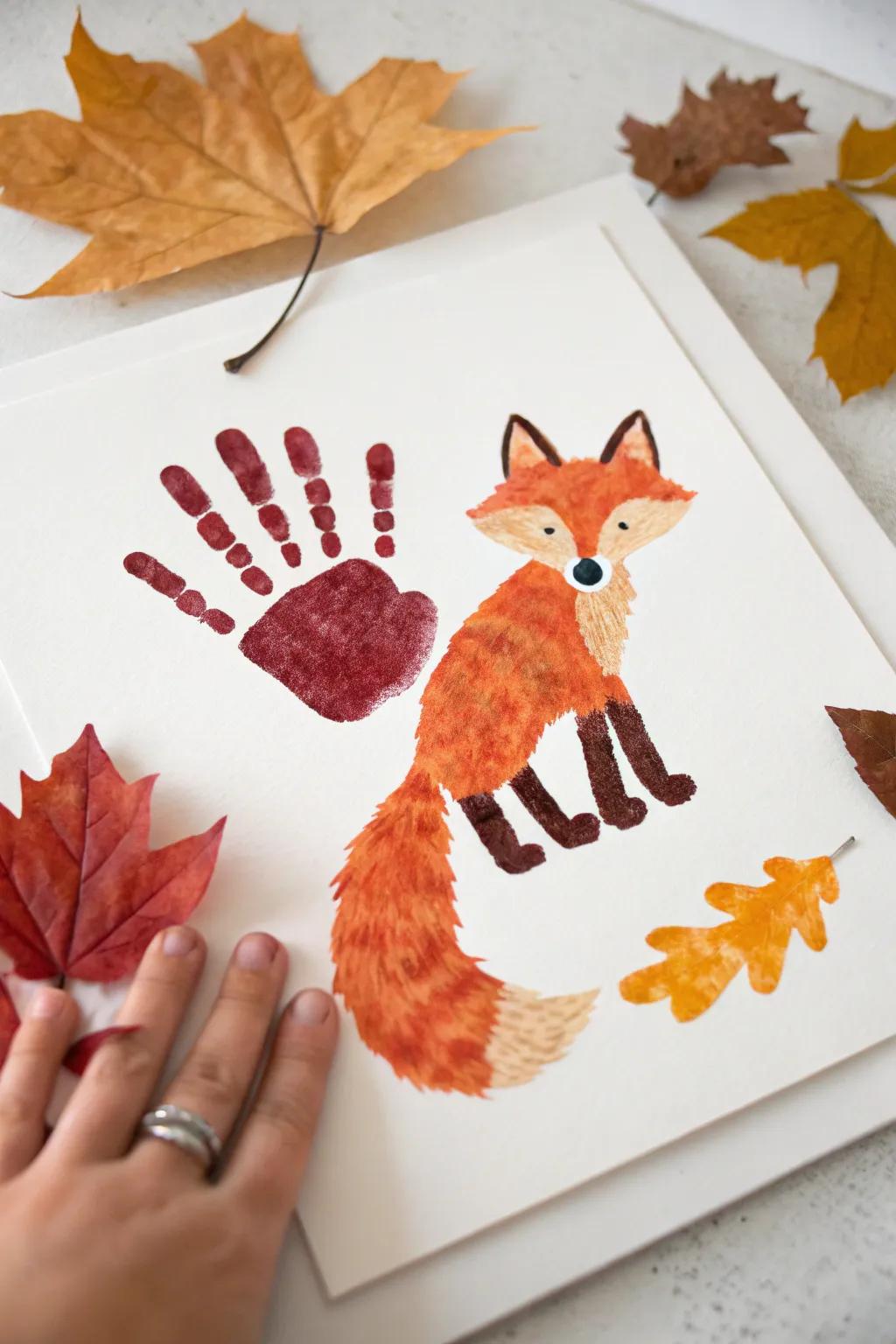 Capture the whimsical charm of fall with this minimalist handprint fox art, blending simplicity and boho elegance.