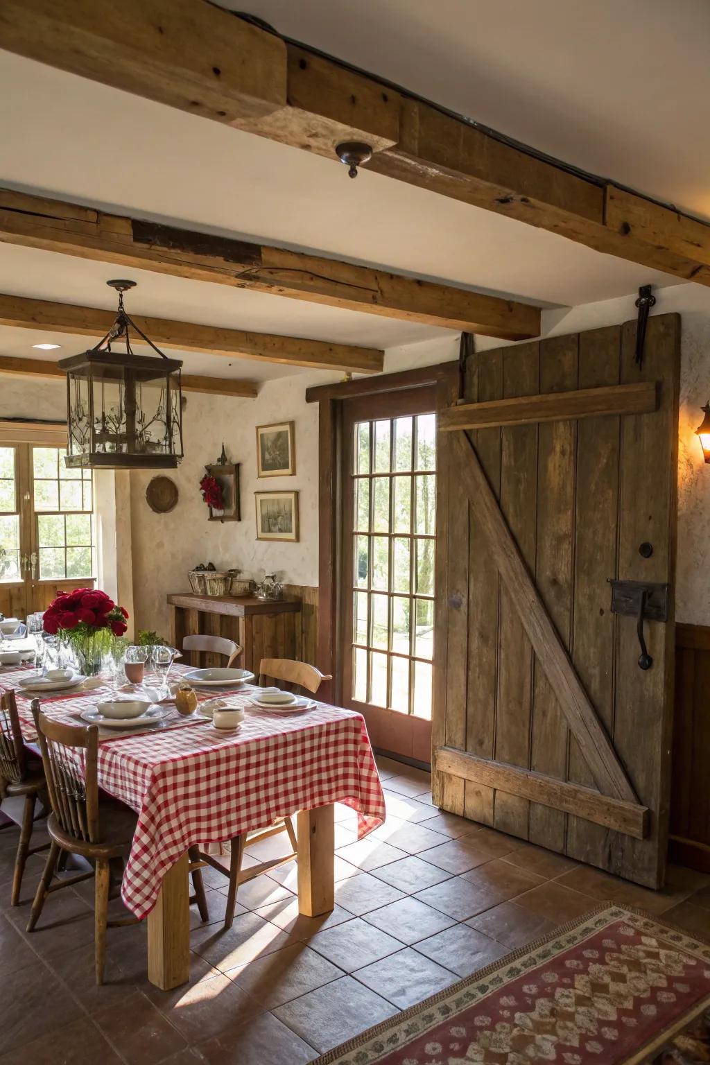 Barn doors add rustic architecture and charm to the dining room.