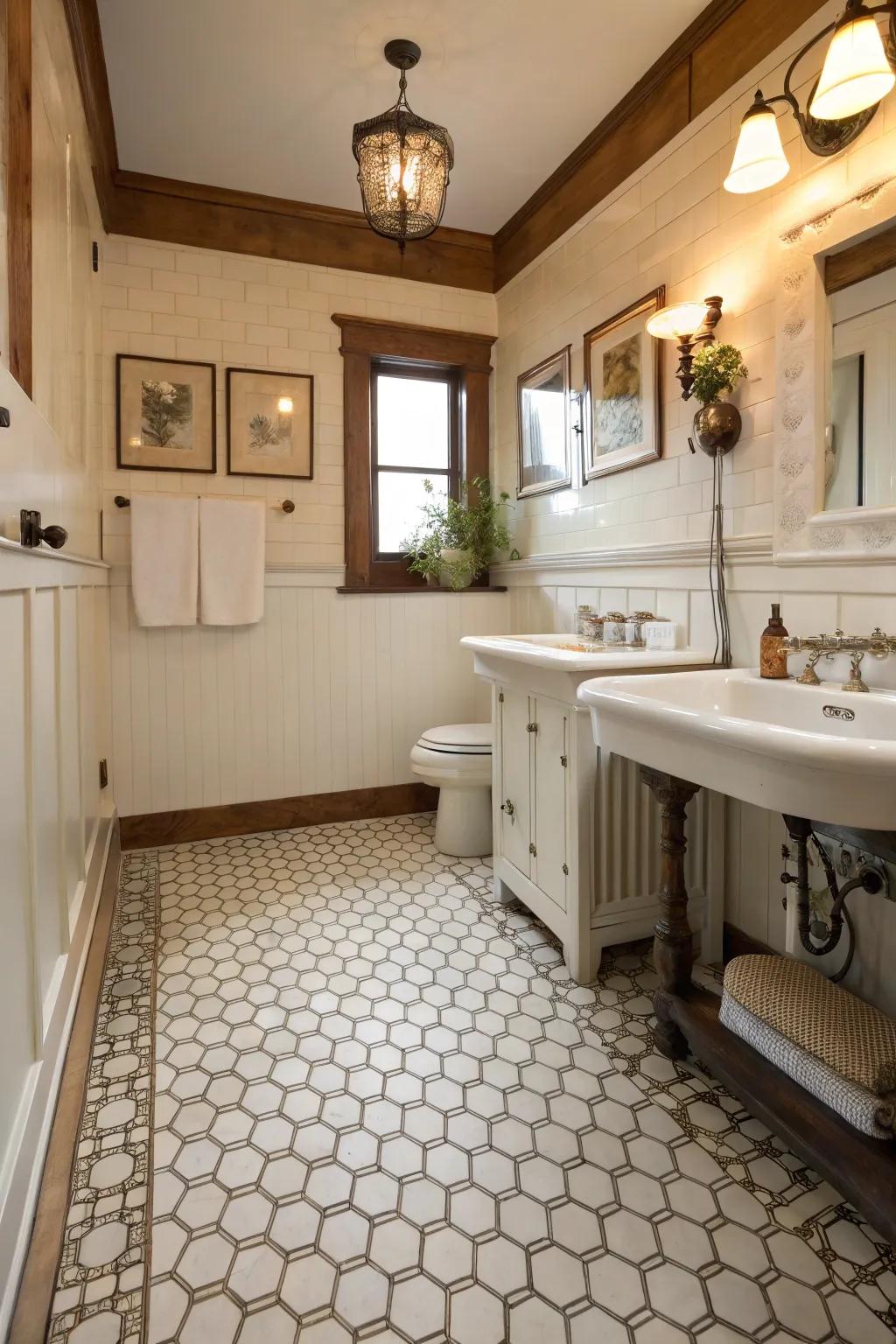 Octagon and dot tiles add timeless elegance to this farmhouse bathroom.