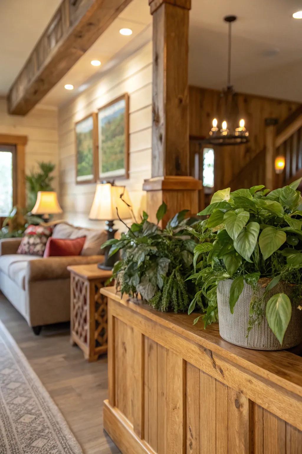 Warm living room with natural wood wainscoting.