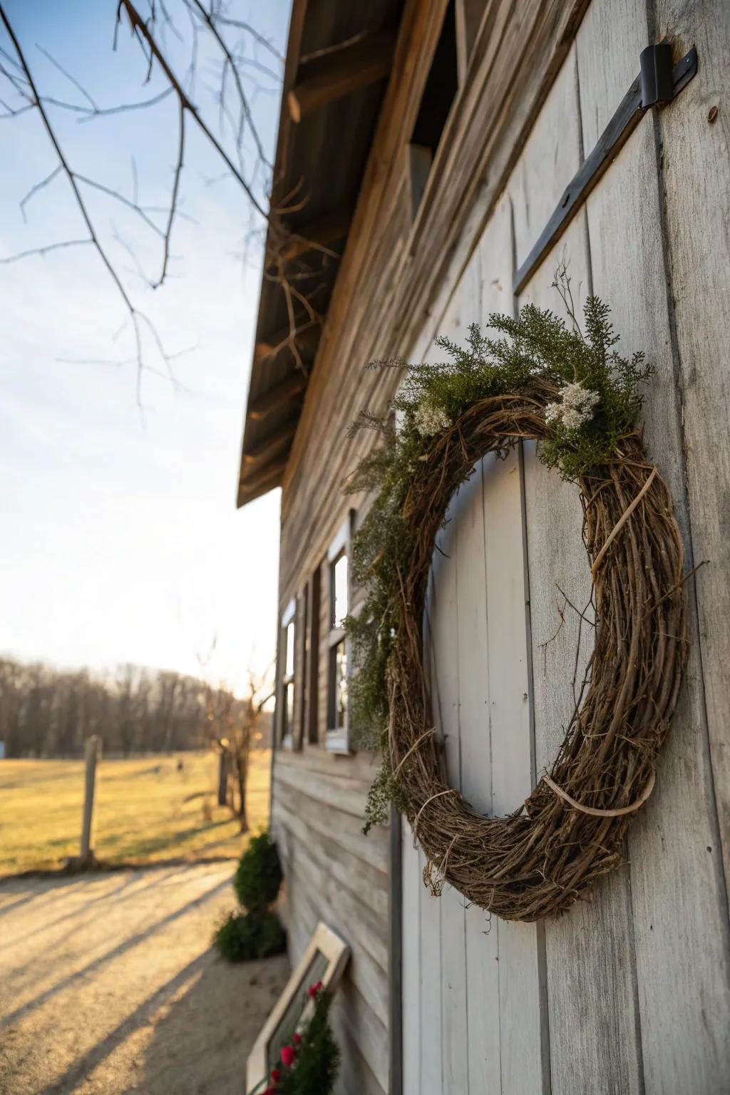 Twine and twigs create a rustic base for a farmhouse wreath.