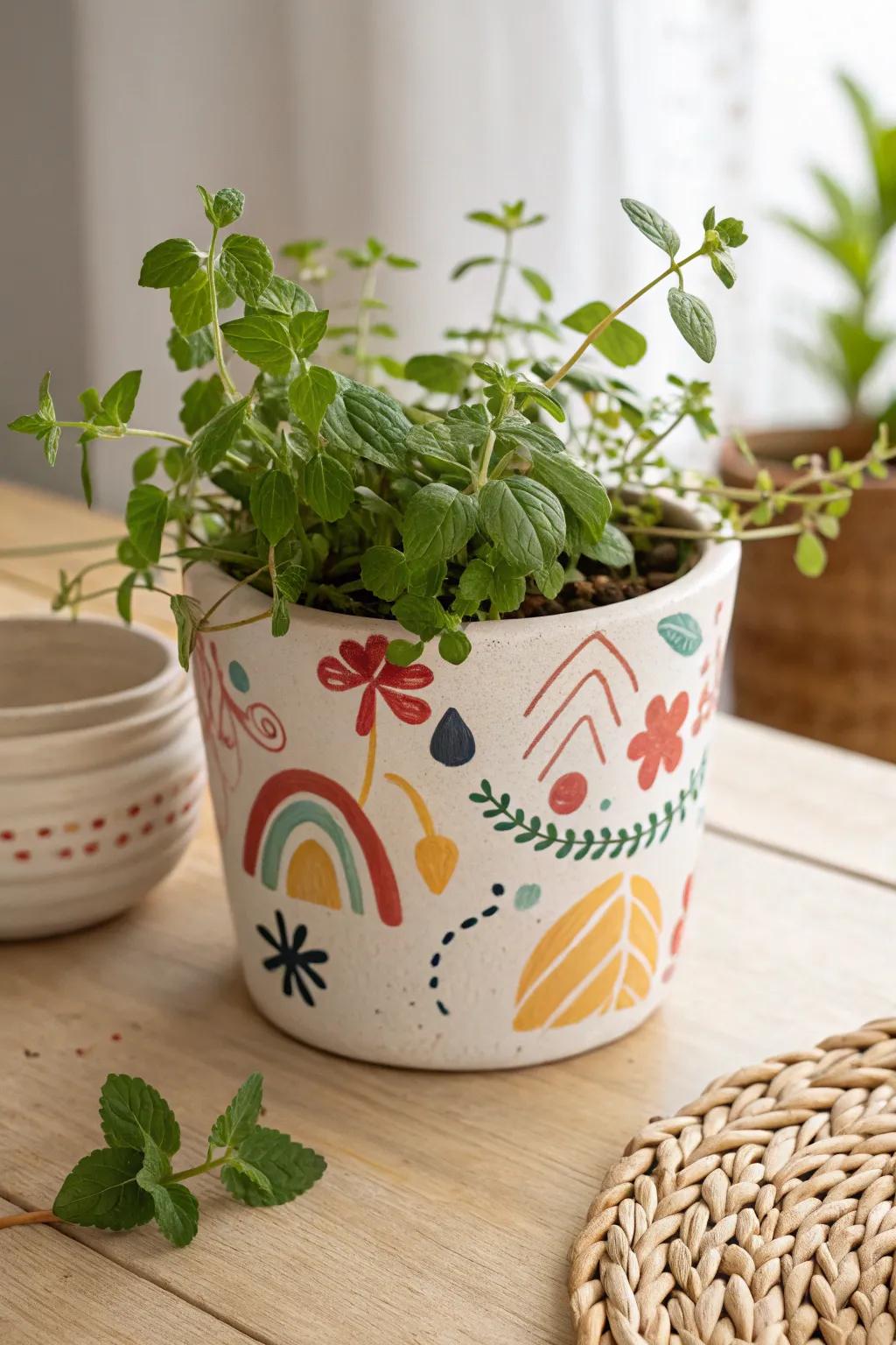 A heartwarming Father’s Day gift - a hand-painted plant pot filled with love and herbs.