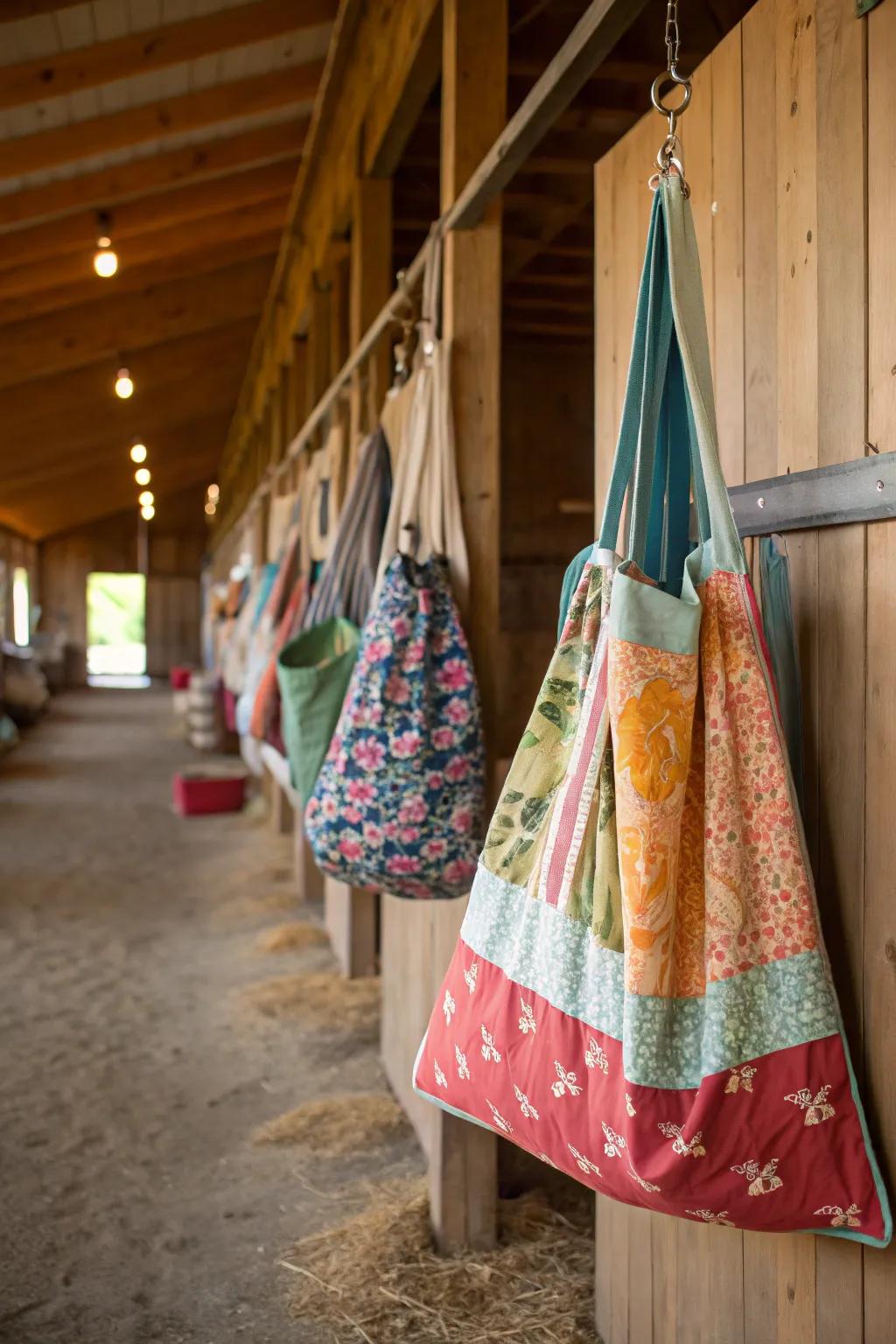 Handmade fabric feed bags for a personal touch.