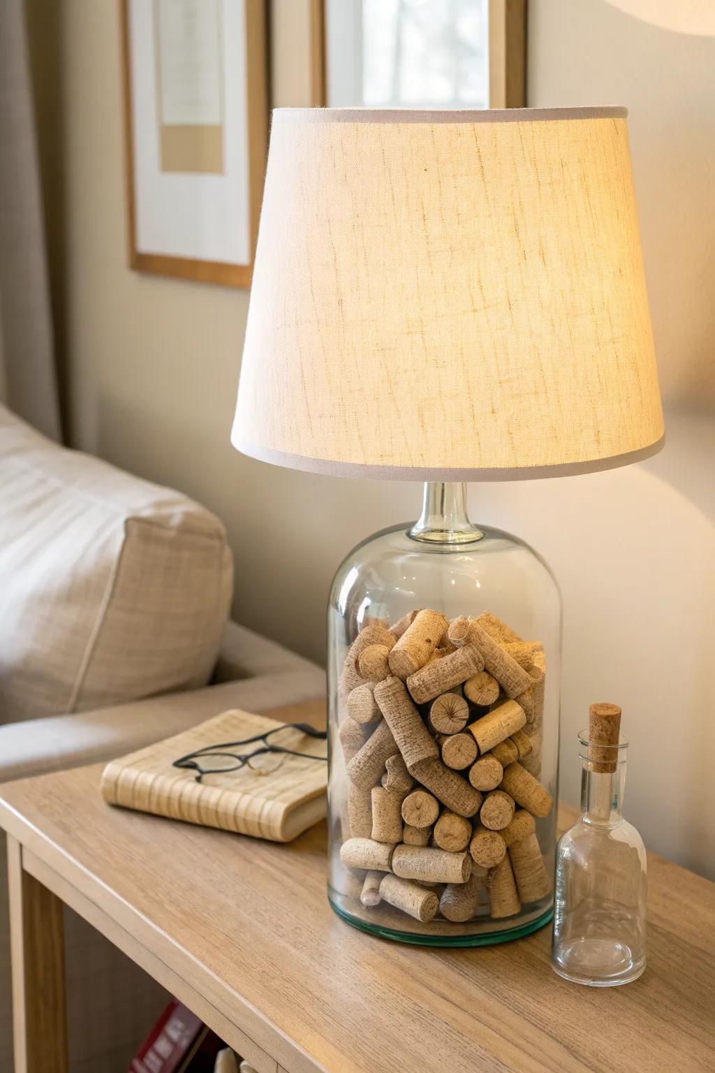 Illuminate your space with charm and conversation: a wine cork-filled lamp for the perfect cozy corner.