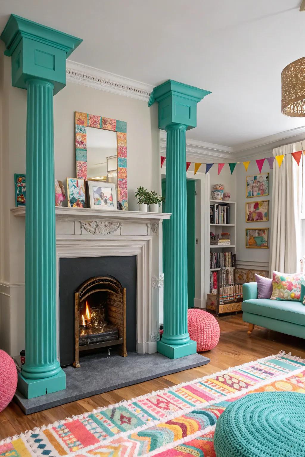 A pop of color on columns adds energy and vibrancy.