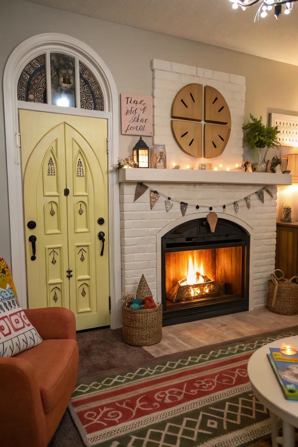 Unique twist with whimsical-shaped fireplace doors.