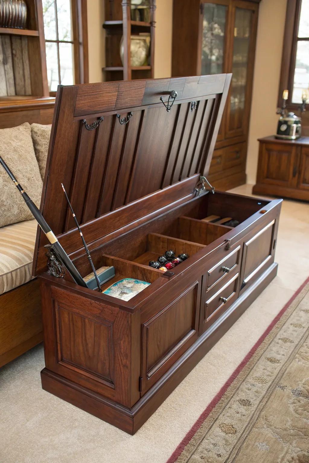 Elevate your space with this elegant bench – a stylish solution for discreet fishing rod storage.