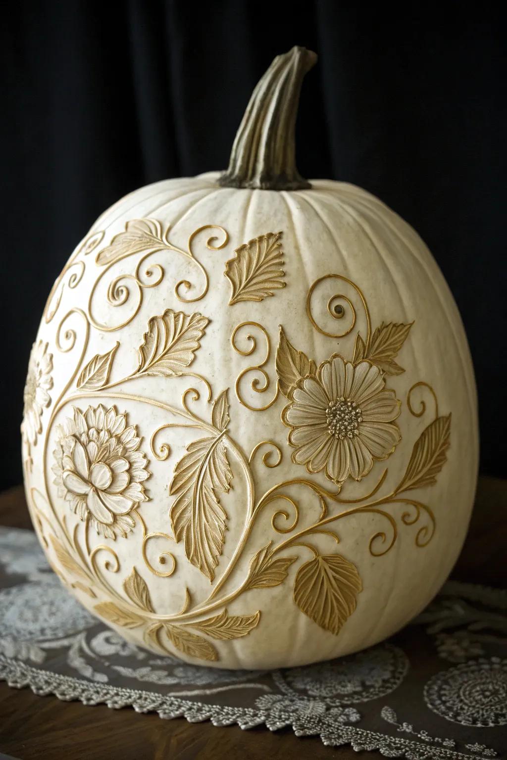 Embrace autumn with an artistic twist: a beautifully carved floral pumpkin that exudes elegance and skilled craftsmanship.