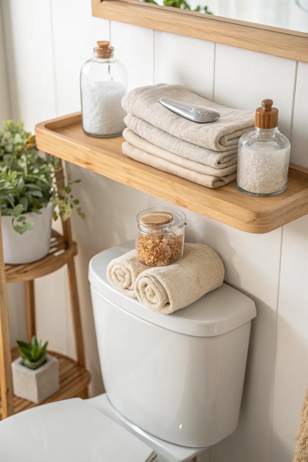 Maximize your bathroom bliss with minimalist floating shelves for style and storage.
