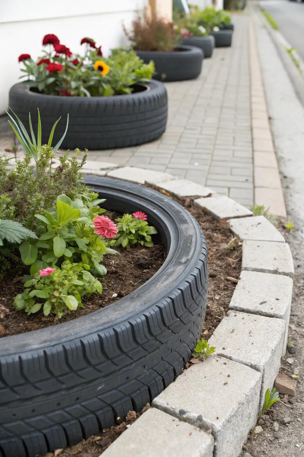 Transform your garden with eco-friendly elegance: upcycled tire edging for a sustainable and stylish touch.