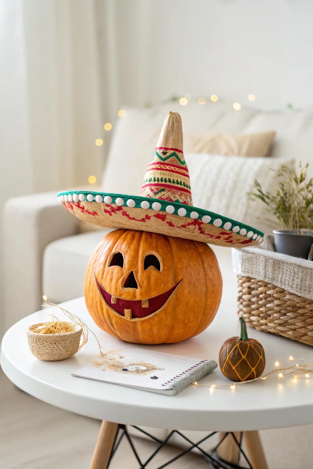 Spice up your fall decor with a pumpkin in a playful sombrero, where Scandinavian minimalism meets boho charm!