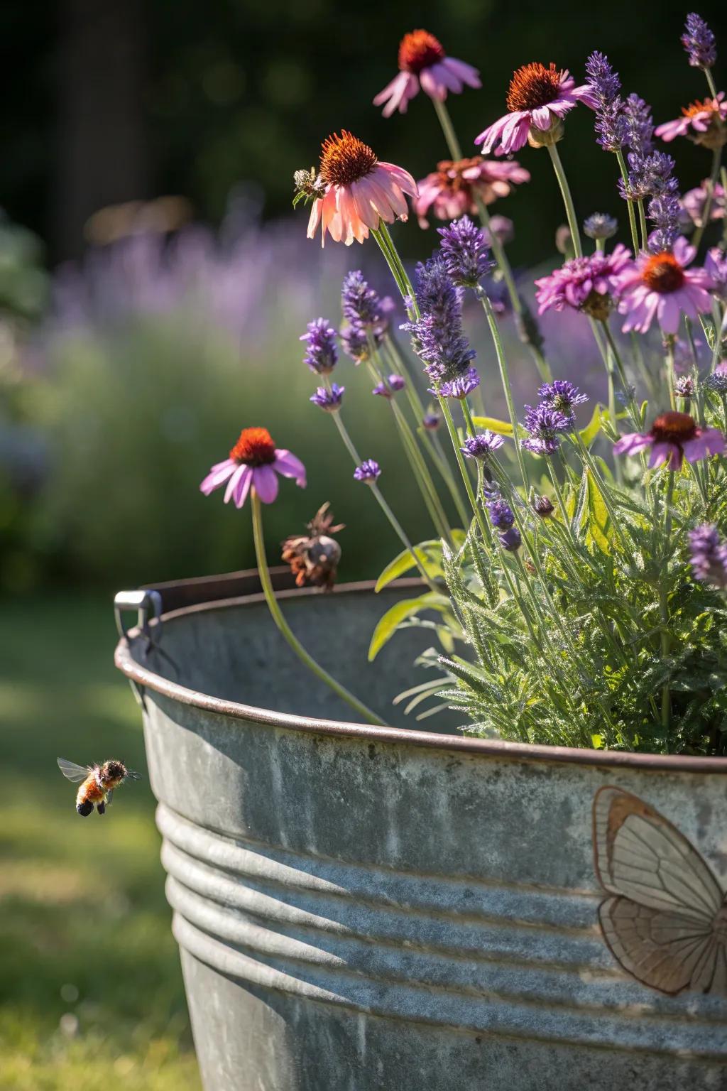 Create a Pollinator Paradise with this charming wash tub planter, a blend of rustic elegance and vibrant life.