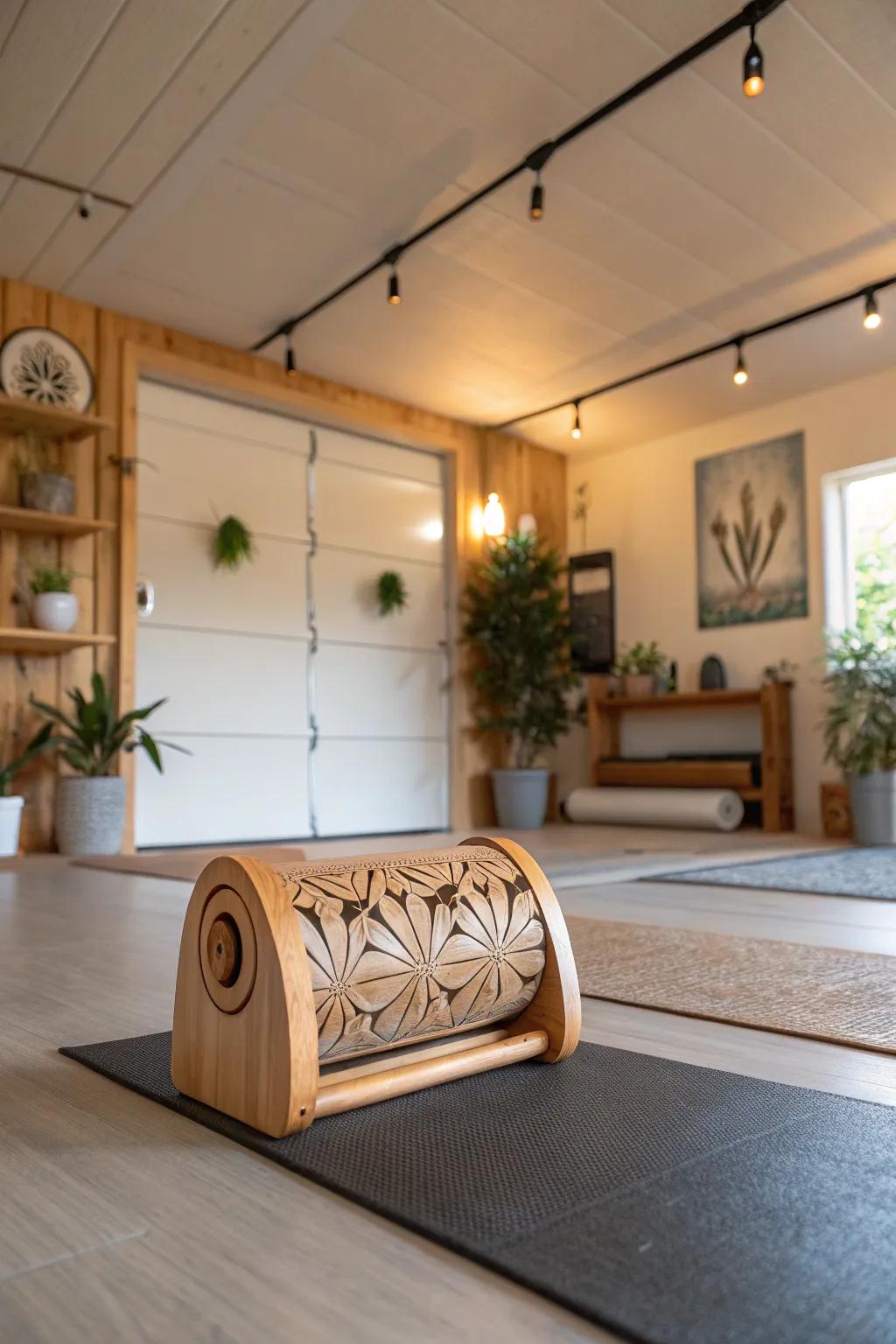 Transform your garage into a serene yoga haven with handcrafted elegance.