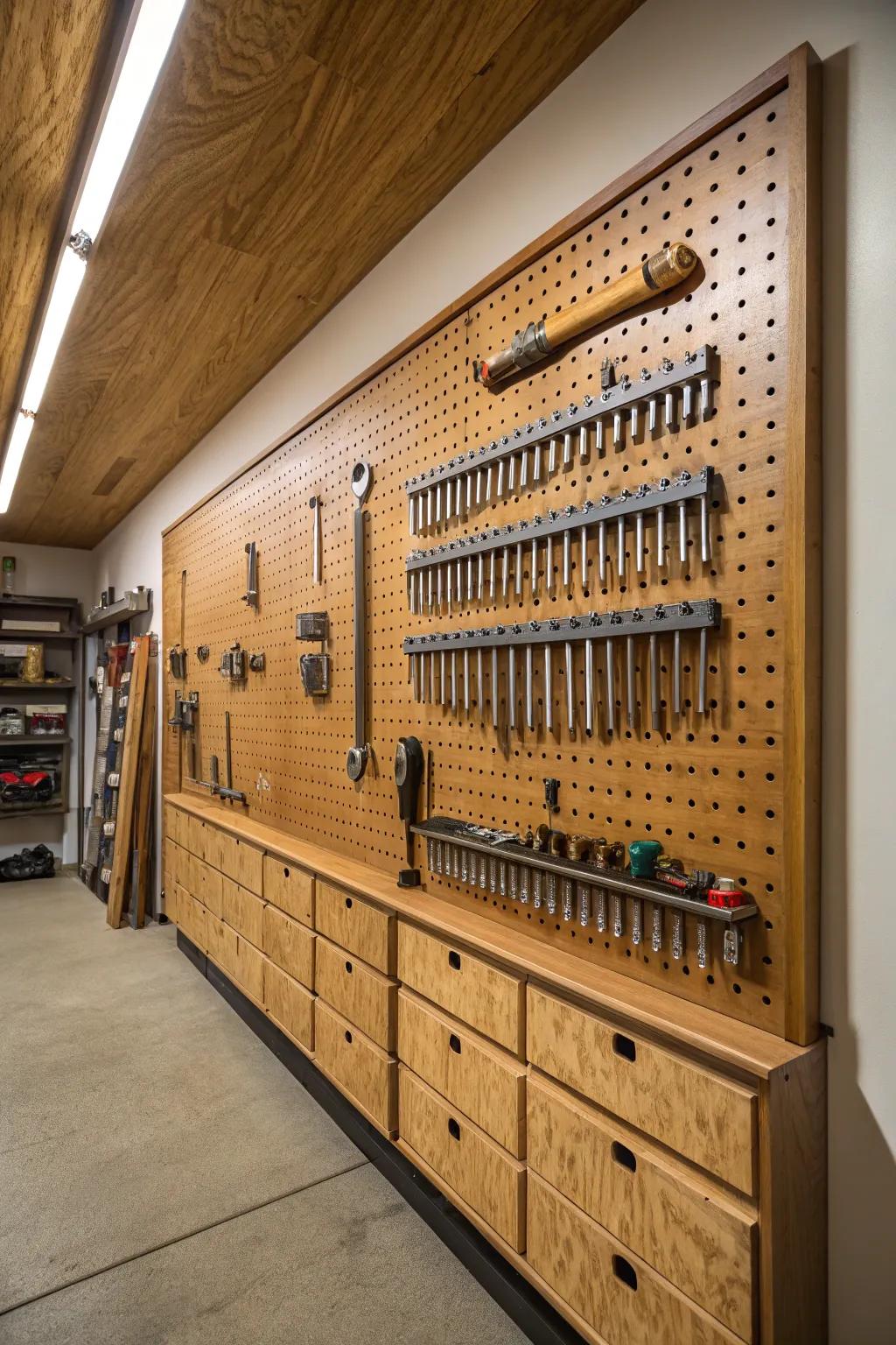 Transform your garage with pegboard perfection – where organization meets craftsmanship.