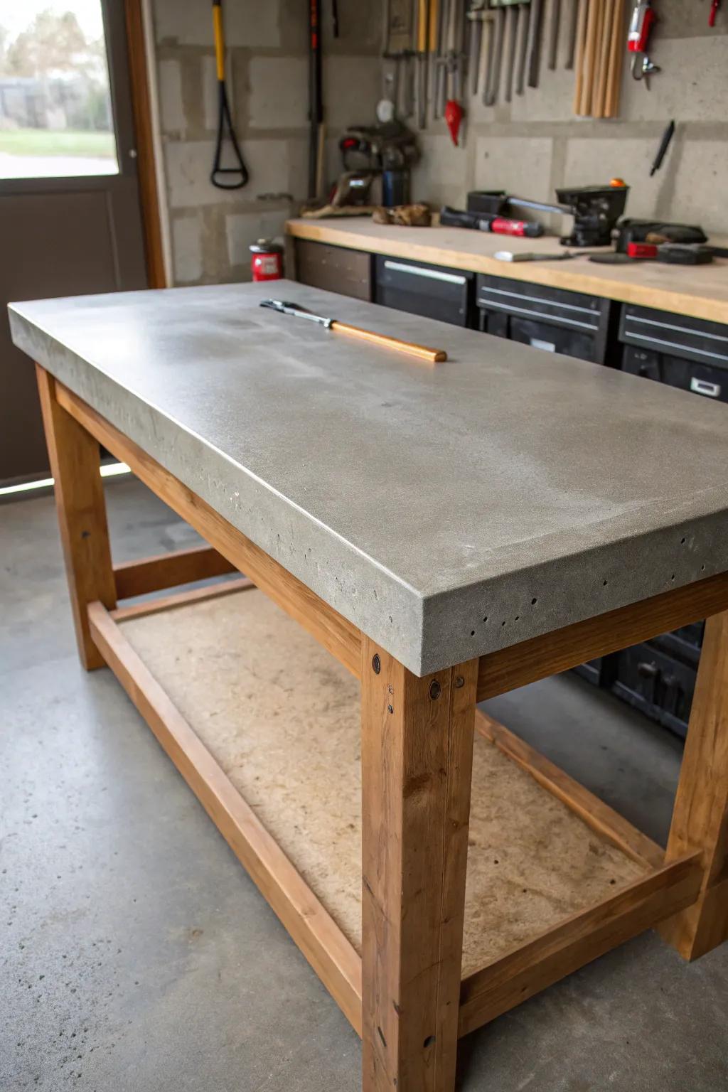 Experience the power and durability of a concrete workbench top, the ultimate foundation for your garage projects.