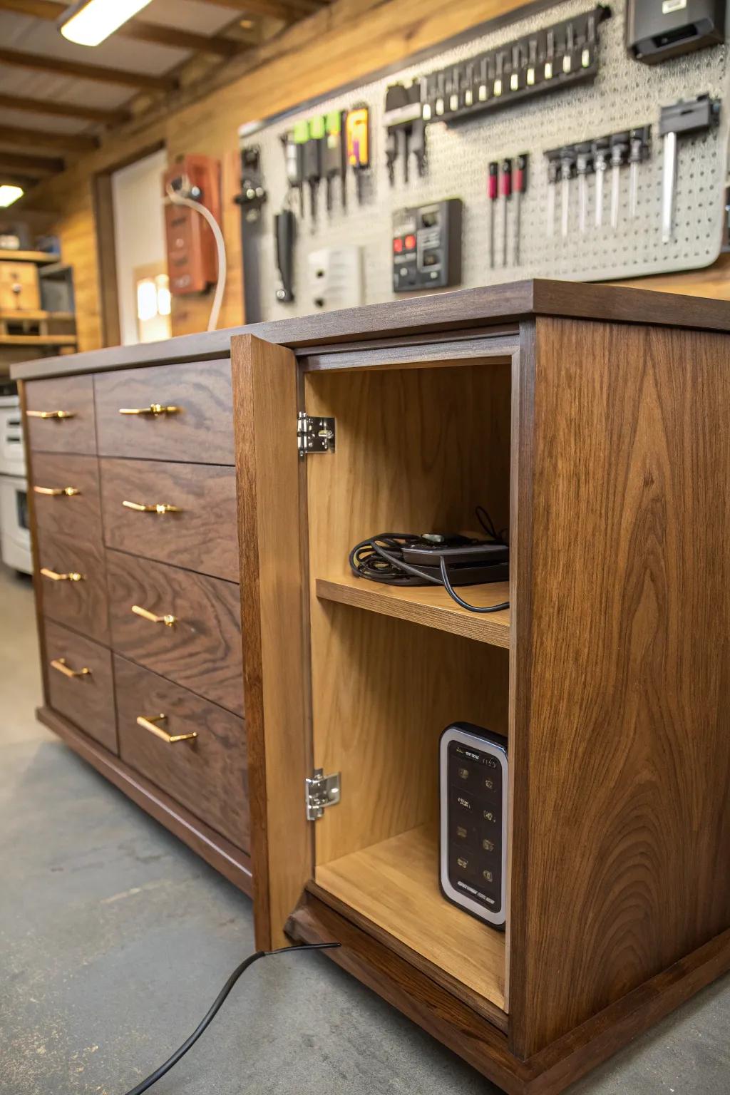 Elevate your garage with a hidden charging station that blends functionality with craftsmanship.