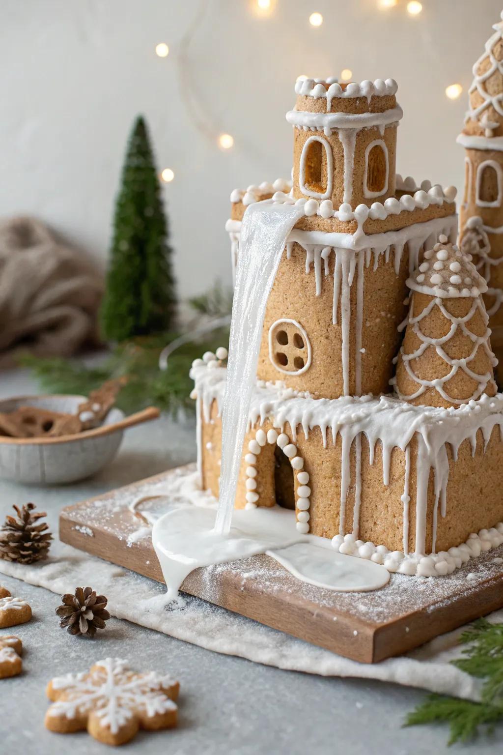 Elevate your gingerbread castle with enchanting royal icing waterfalls for a touch of ethereal beauty.
