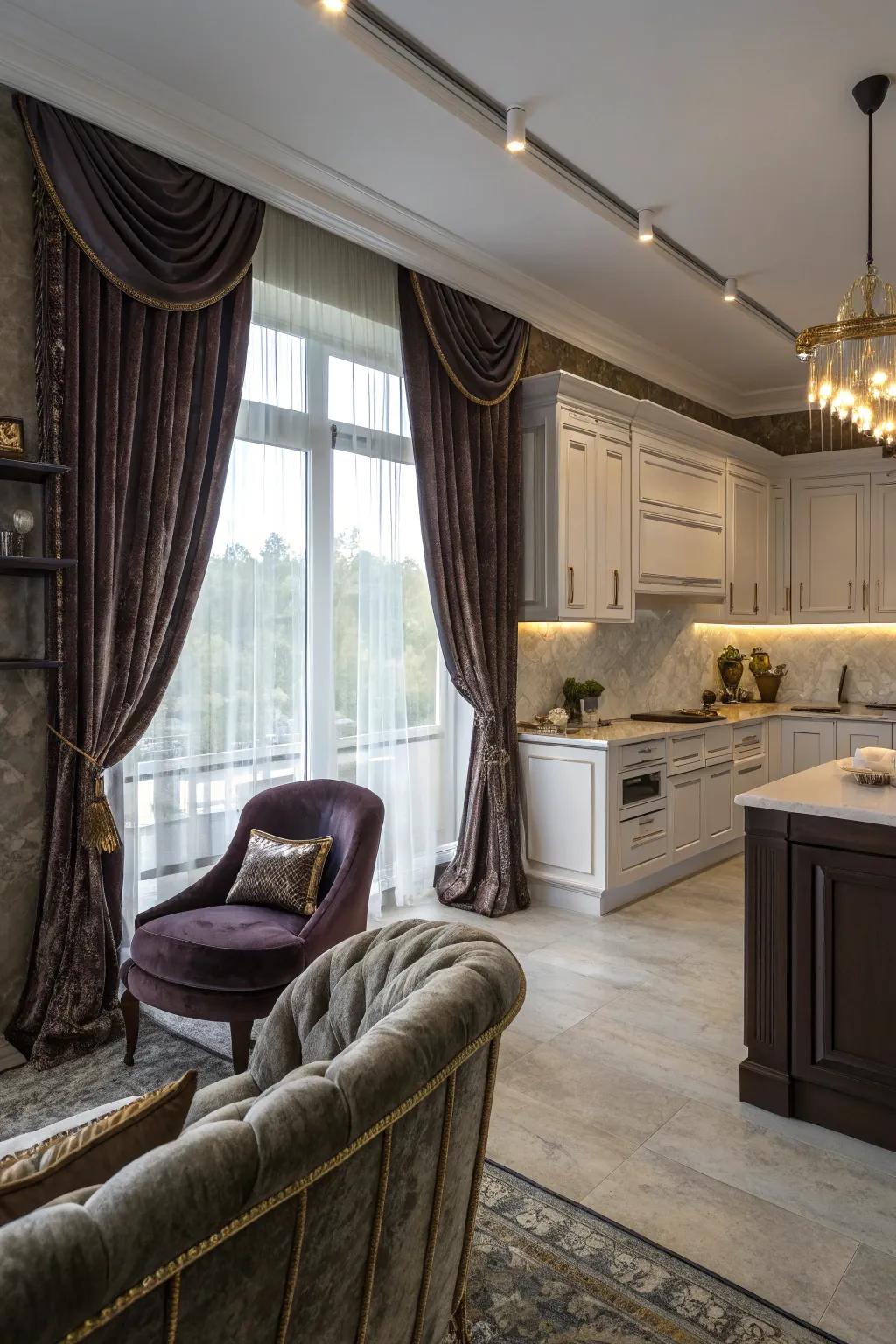 Velvet touches adding rich texture and luxury to the kitchen.