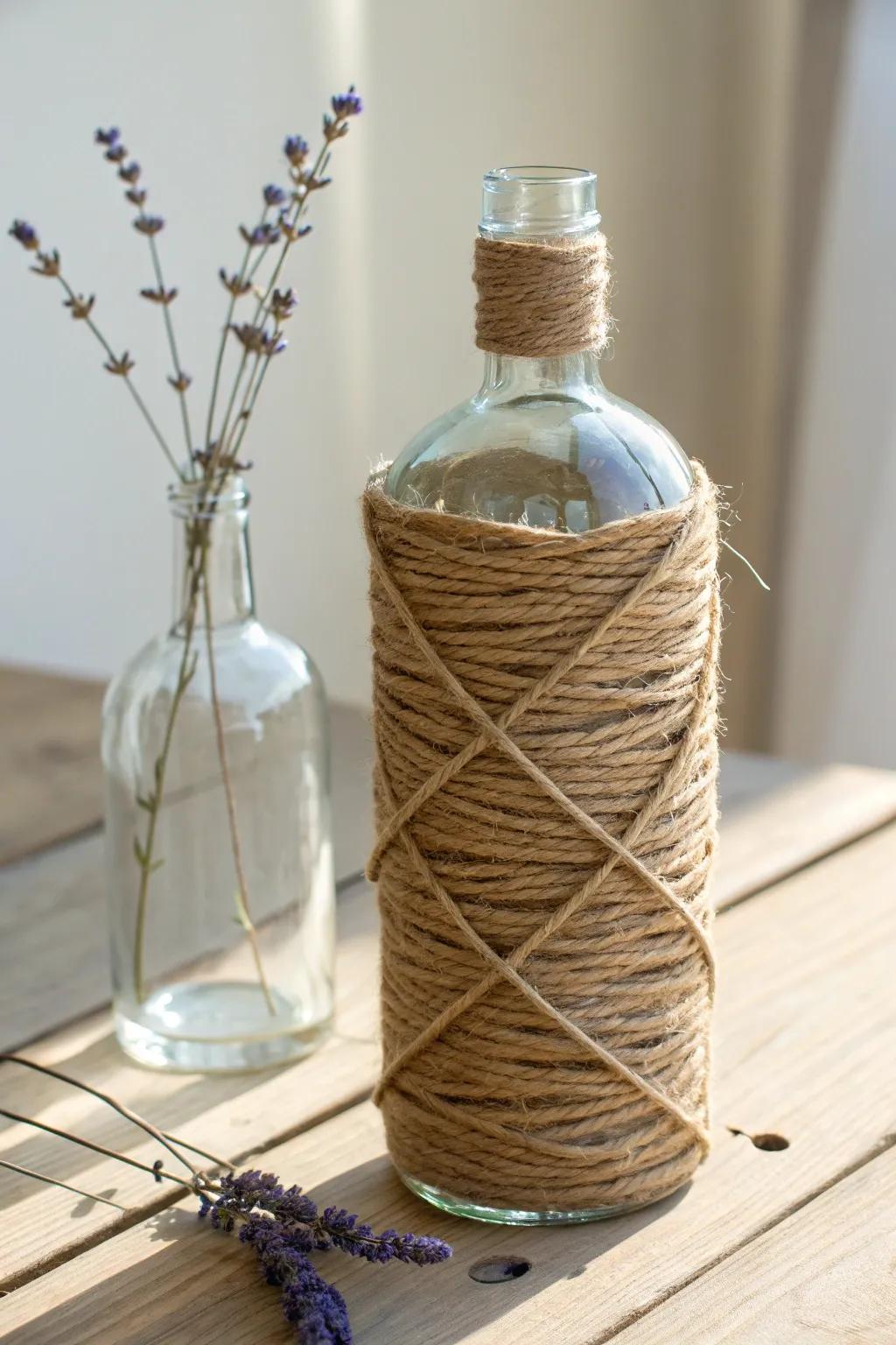 Transform glass bottles into rustic decor with twine and a touch of nature.