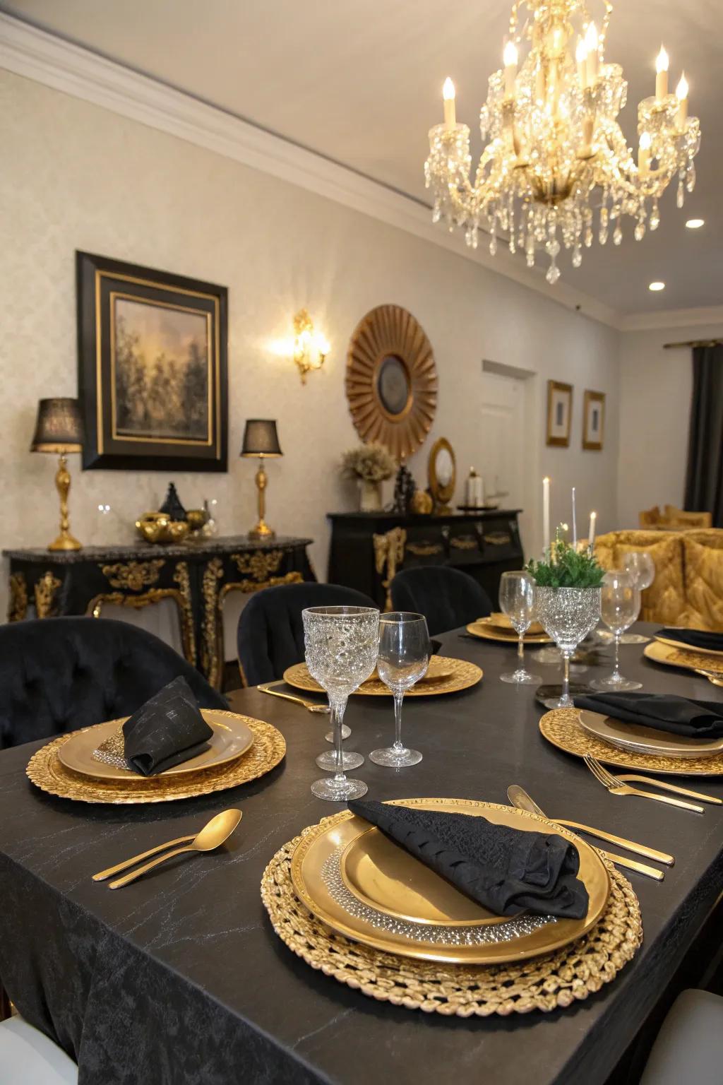 Black and gold accents that bring a touch of luxury and drama.