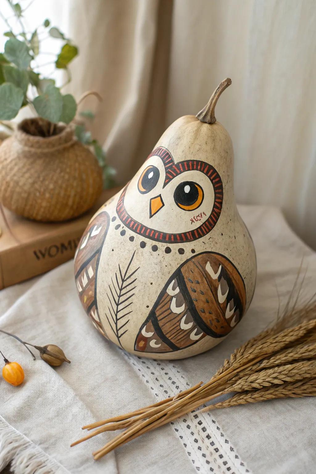 Embrace whimsical charm with this handcrafted owl gourd, a perfect blend of simplicity and playful artistry.