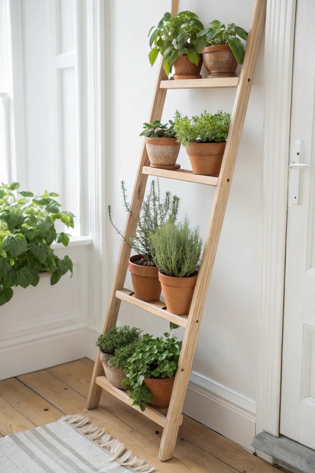 Elevate your indoor garden with a chic herb ladder display that blends simplicity with natural charm.