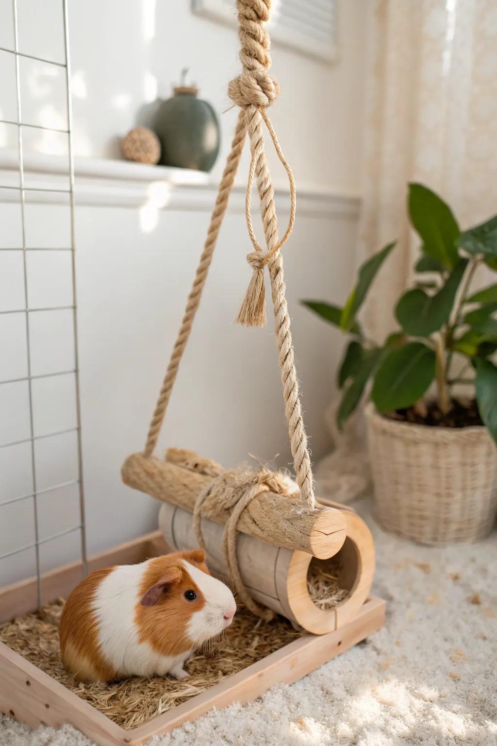 Elevate playtime with a touch of minimalist charm: discover the joy of hanging toys in your guinea pig's enclosure.