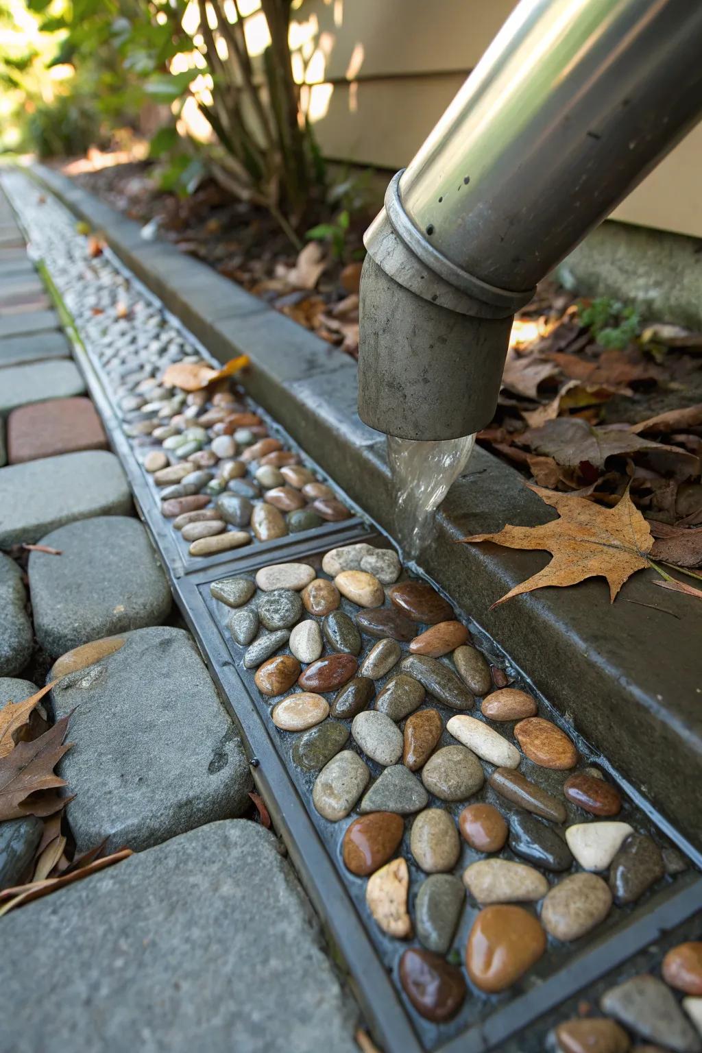 Elevate your home's exterior with a stunning pebble mosaic downspout accent.