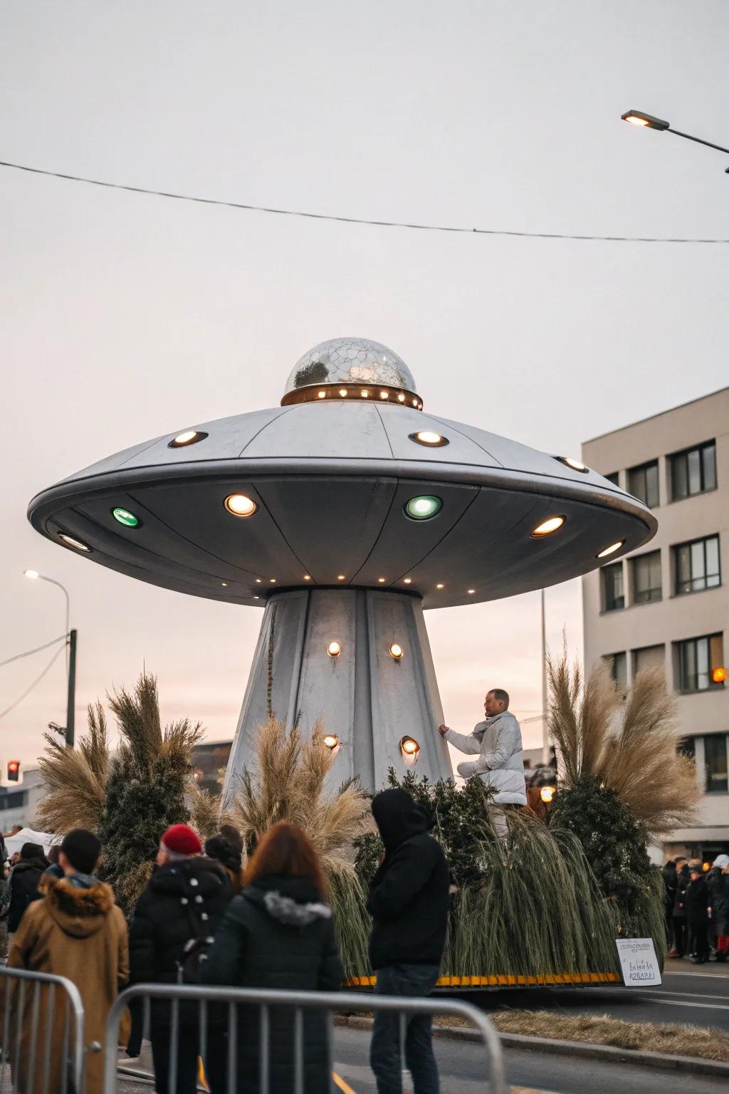 Embrace the extraterrestrial with minimalist elegance: A Scandinavian-inspired alien invasion float.