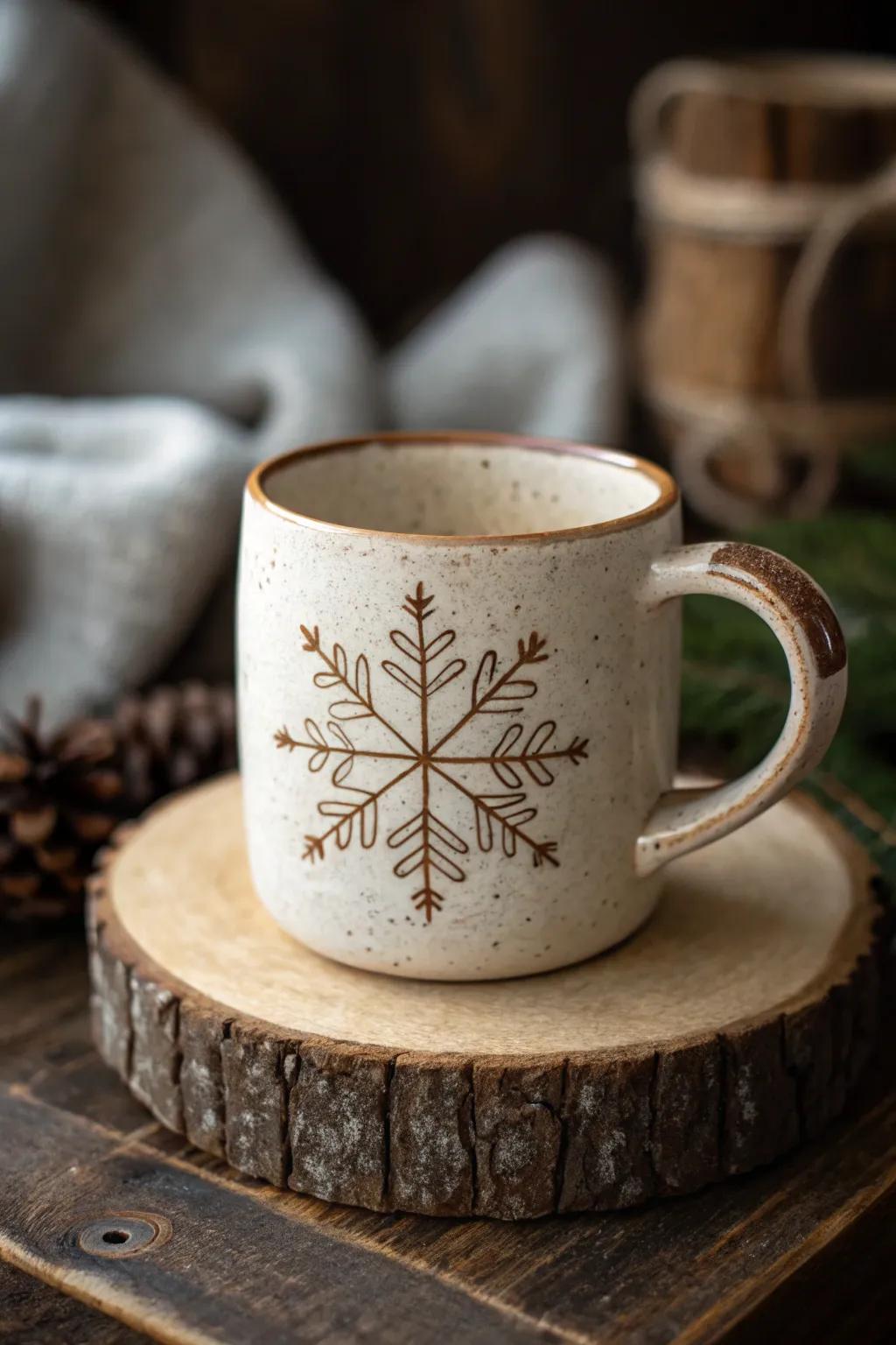Embrace the beauty of the seasons with this elegantly handcrafted snowflake mug, perfect for cozy winter sips.